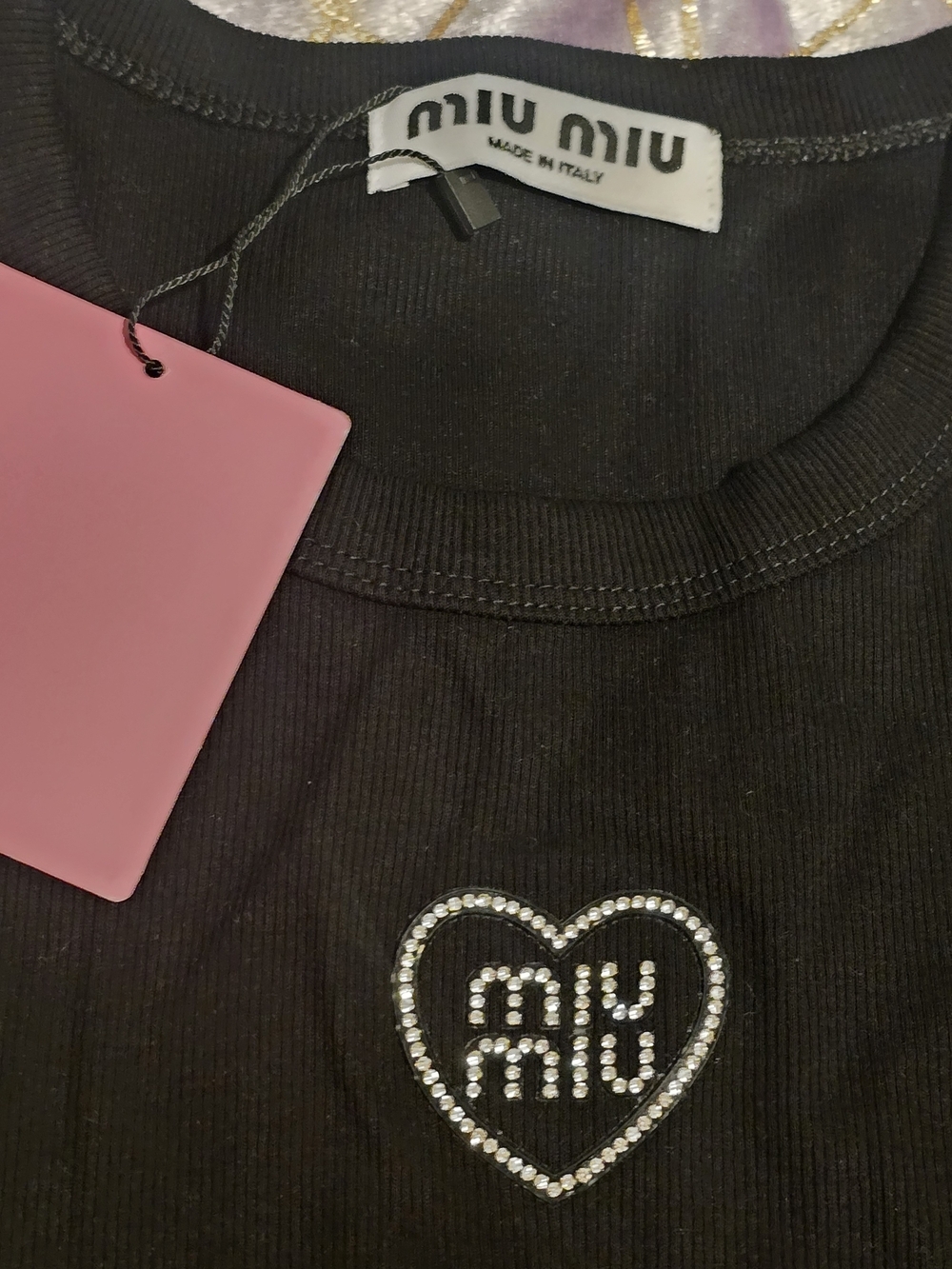 Miu Miu Black Ribbed Tank with Crystal Heart Logo - Picture 4 of 6